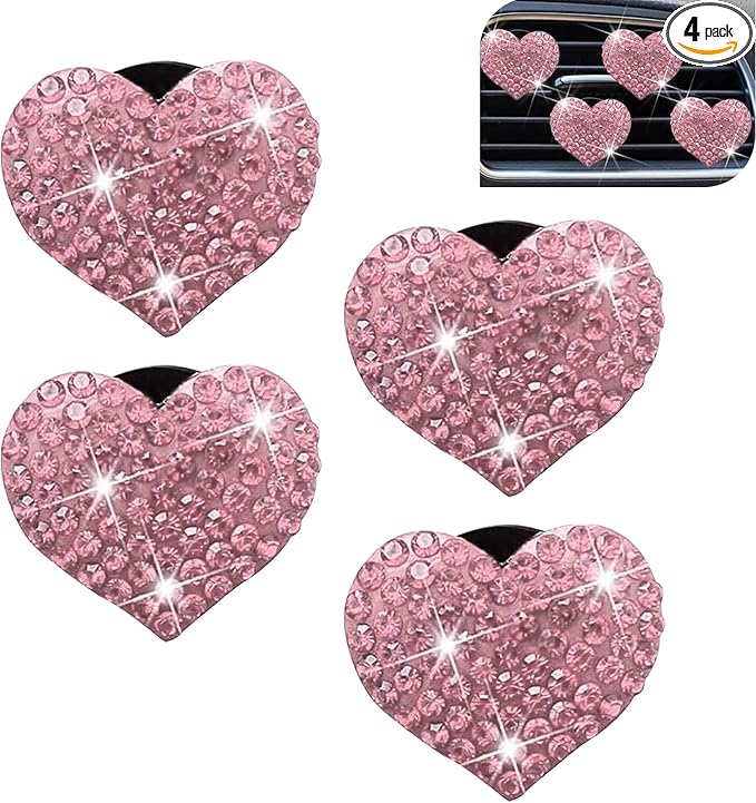 4PCS Bling Heart Air Vent Clips, Car Air Fresheners Vents Clips, Crystal Rhinestone Air Conditioning Outlet Clip, Cute Car Accessories for Women (Pink)
