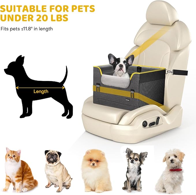 Dog Car Seat for Small Dogs,Detachable Pet Car Seat Under 20 lbs,Dog Booster Seat with Cozy Chin Rest,Cushion and Safety Belt, (Gray)