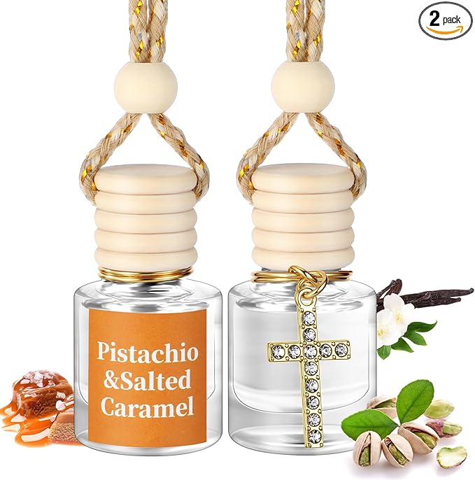 2 Pack Car Air Freshener Pistachio and Salted Caramel Hanging Essential Oil Diffuser Long Lasting Car Scent Automobile Aromatherapy with Rearview Mirror Accessories(Cross Pendant)