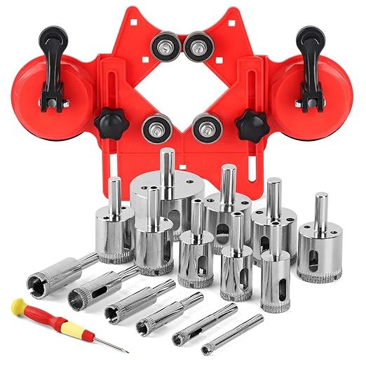 WORKEASE Diamond Tile Drill Bits Set, 17 Pcs with Double Suction Cups Hole Saw Guide Jig, (1/4"-2') for Glass, Ceramic, Marble, Porcelain, Tile Cutting