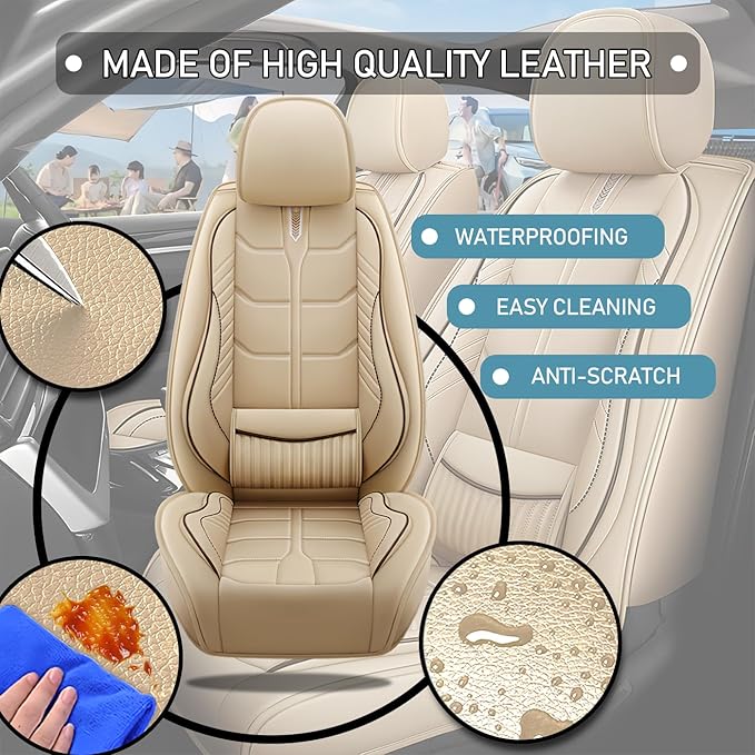 Leather Car Seat Covers Fit for Toyota Mirai 2016-2024, 5 Seater Car Seat Cover, Premium Waterproof, Scratch Resistant Car Interior Accessories (Full Set Beige)