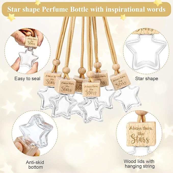 24 Sets Hanging Car Air Freshener Diffuser Ornament Gratitude Card Star Empty Glass Oil Bottle Leather Car Air Freshener Employee Appreciation for Friend Roommate BFF Bestie Fragrance Aromatherapy