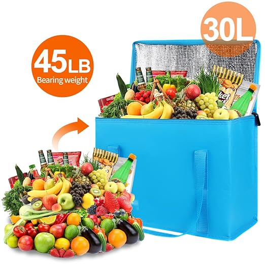 Bodaon 4-Pack Insulated Reusable Grocery Shopping Bag, X-Large Frozen Food Cold, Cooler Bags, Insulated Food Delivery Bag, Blue
