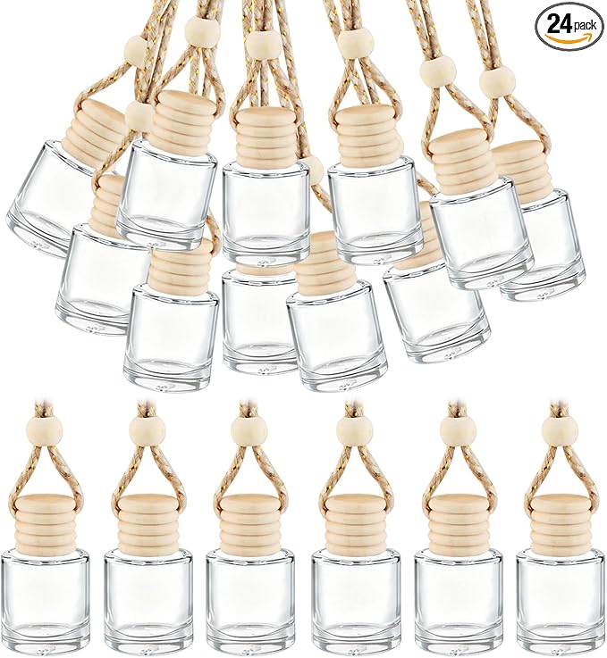 24 Pcs Black Car Hanging Air Fresheners Empty Glass Diffuser Bottles Pendant Perfume Bottle For Essential Oil Fragrance Aromatherapy Auto Interior Ornaments Decor (Cylinder-Clear)