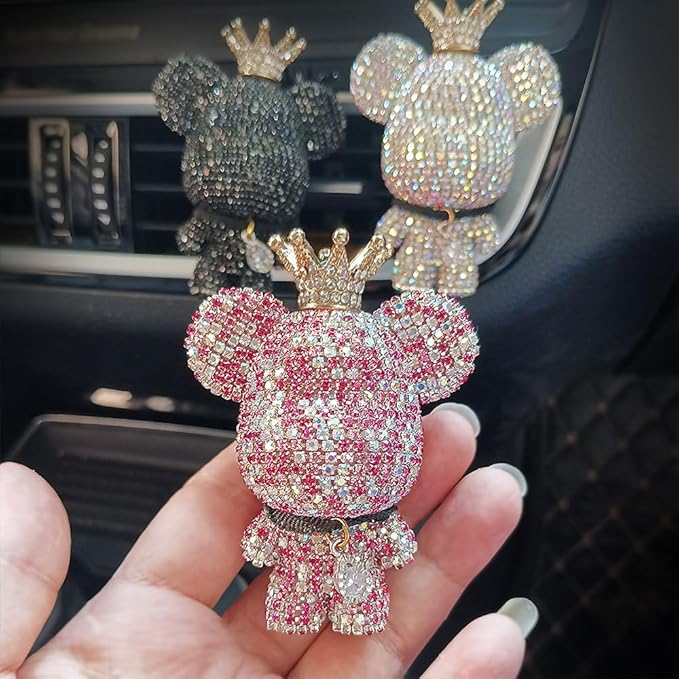 Handmade Bling Rhinestone Bear Car Air Freshener Cute Ornaments Car Vent Clips Accessories Perfume Clip Aromatherapy Diffuser Fragrance Cotton Pad Car Interior Decoratio Women Girl (AB白)