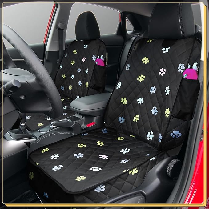 Riakrum Front Seat Dog Cover for Cars Trucks SUV Waterproof Scratchproof Nonslip Full Protection Pet Dog Car Seat Covers Cute Paw Print Front Passenger Chair Protector for Travel Bed Safety(Black)