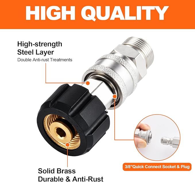 2 PCS Pressure Washer Quick Connect Adapter Set, M22 14mm(5.5in) Swivel to 3/8in Quick Connect Socket & Plug, Max Pressure 5000PSI