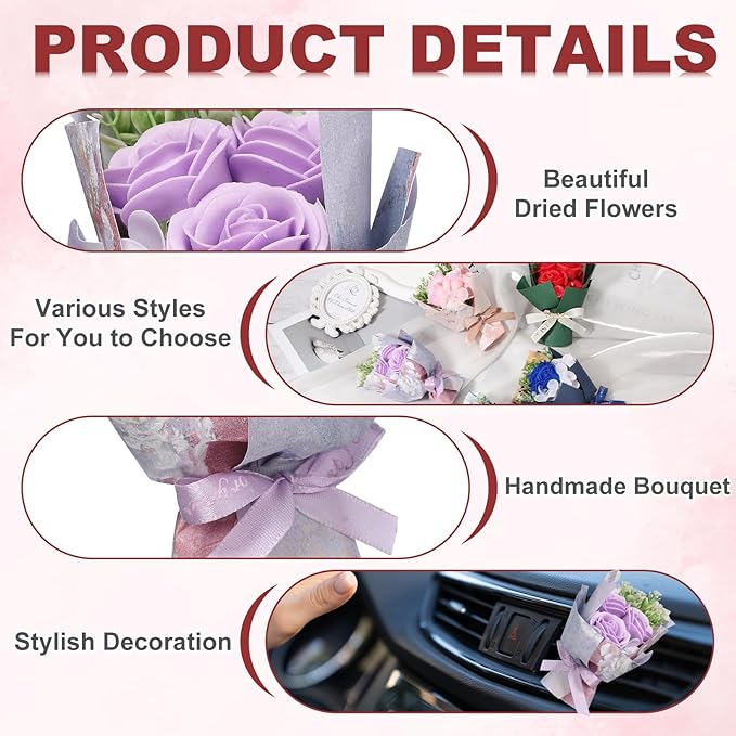 uxcell Light Purple Small Bouquet Car Air Freshener Vent Clips, Mini Decorative Rose Bouquet with Fragrance Diffuser for Women, Automotive Air Freshener Decoration, Style 1