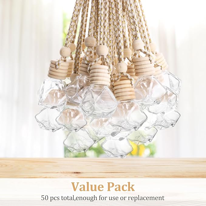 50 Pack Set Car Hanging Air Freshener Bottles Empty Car Essential Oil Diffuser Bottles Pendant Glass Perfume Bottles Aromatherapy Fragrance Bottle Auto Ornaments Decor
