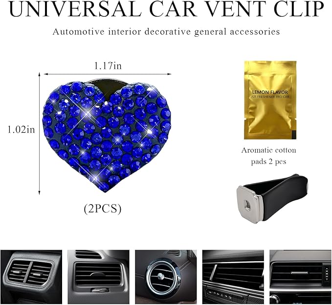 2 PCS Bling Car Air Vent Clip, Crystal Heart Car Air Fresheners Diffuser Vent Clip, Rhinestone Air Conditioning Outlet Clip For Women Girls, Interior Decor Car Accessories (Heart, Blue)