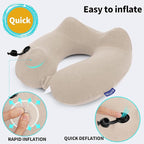2 Pack Inflatable Travel Neck Pillows for Airplanes, Head Support Velvet Adult Neck Pillows for Long Flight, Kit with Eye Mask, Earplugs and Storage Bag, 2, Beige