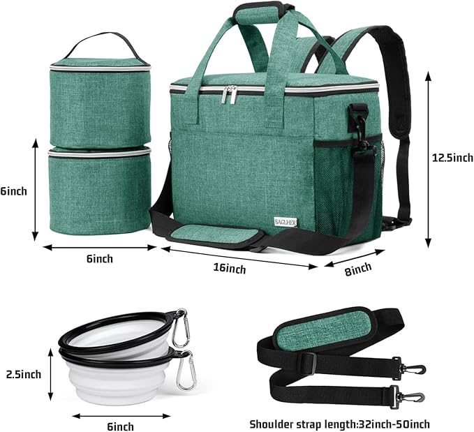 BAGLHER Dog Travel Bag Backpack Pet Supplies Backpack Pet Accessories Storage Bag 5-Piece Set With Shoulder Strap 2 Lined Pet Food Containers 4 Foldable Feeding Bowls Essential Kit for Pet travel