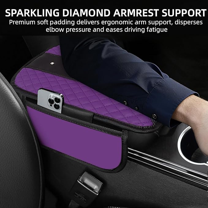 NBTEPEM Bling Crown Car Center Console Armrest Cover, Leather Middle Console Cover Cushion with 2 Storage Bags, Car Armrest Storage Box Interior Accessories for Most Vehicles(Purple)