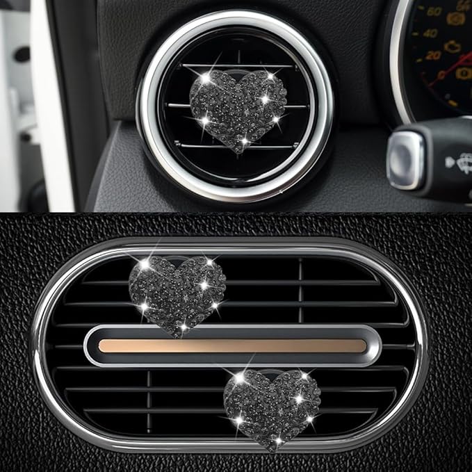 4PCS Heart-Shaped Car Vent Clip with Rhinestone, Vent Clip Car Accessories, Sparkly Rhinestone Bling Diamond Freshener Holder, Air Conditioning Outlet Ornament for Women Girls (Black, Style1)