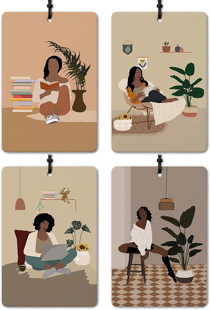 Boho Black Women Reading Car Air Freshener 4 Pcs, Book Lover Gifts Air Freshener Hanging for Cars Books Closet Drawer, Boho Neutral Car Accessories Gifts for Black Women Girls
