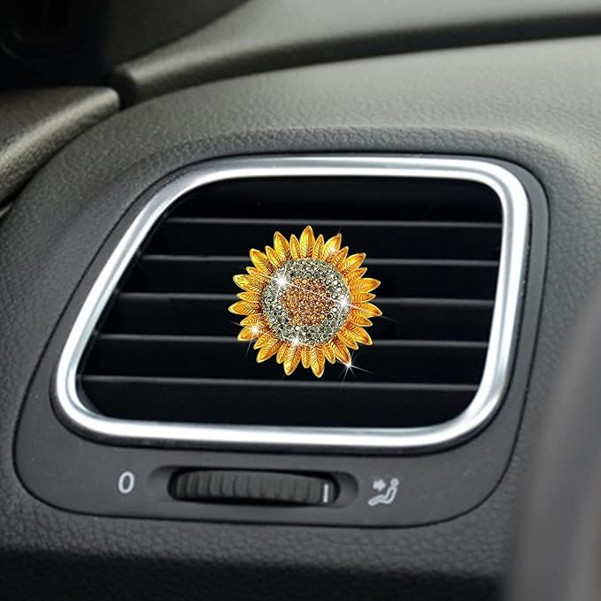 Bling Sunflower Air Vent Clips, Golden Sunflower Car Air Fresheners Vent Clips Diffuser Diamond Car Decoration Rhinestone Interior Decor Cute Accessories for Women Girls