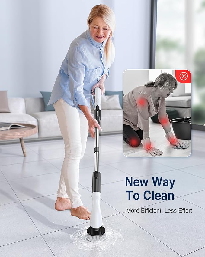 LABIGO Electric Spin Scrubber, Cordless Cleaning Brush Scrubber with 7 Replaceable Brush Heads and Adjustable Extension Handle, IPX7 Waterproof Power Cleaning Brush for Bathroom Tub Floor Tile Shower