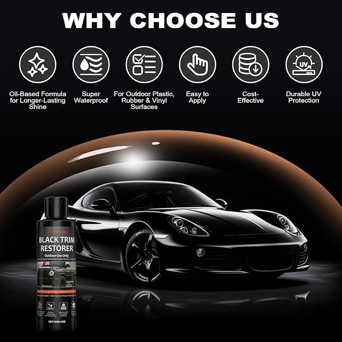 Black Trim Restorer Outdoor-Use Only Restores Deep Black Color in Minutes UV & Water Resistant Long-Lasting Protection for Exterior Plastic, Vinyl & Rubber Glossy Streak-Free Finish 8oz