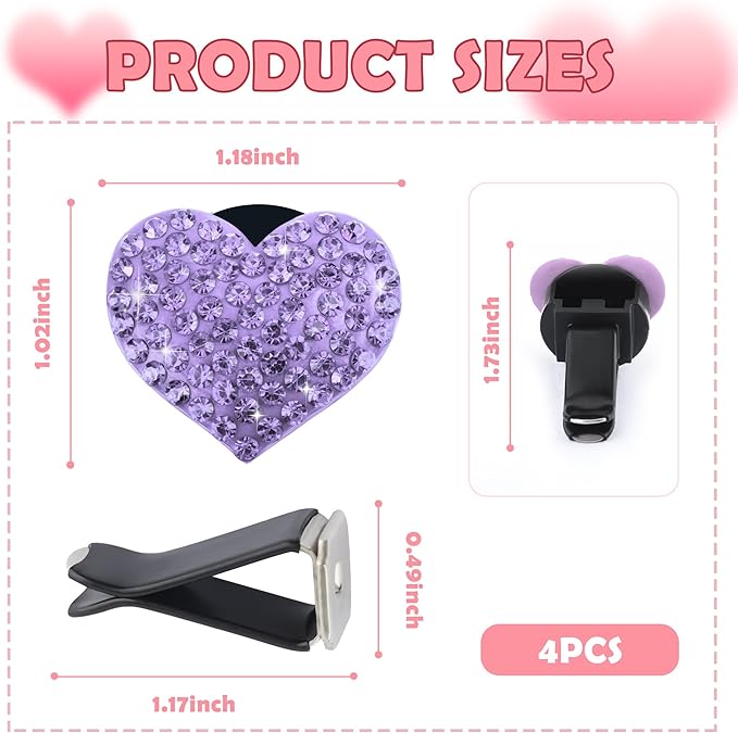 4PCS Heart-Shaped Car Vent Clips with Rhinestone,Bling Air Vent Clips Car Decorations,Premium Shiny Car Clips for Vents Accessories Interior (Purple)