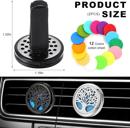 2PCS 30mm Car Diffuser Vent Clips, Tree of Life Aromatherapy Essential Oil Diffuser Locket with 12 Felt Pads, Stainless Steel Car Diffuser Locket Air Freshener (Style 2)
