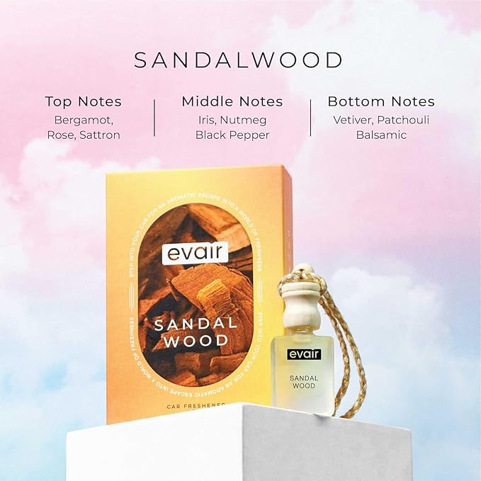 Evair Hanging Car Air Freshener | Car Accessories Interior | Car Perfume Aroma with Essential Oils Fragrance in Glass Bottle with Wooden Diffuser Lid | 10 ml- Pack of 2 (Sandalwood & Ocean Rush)
