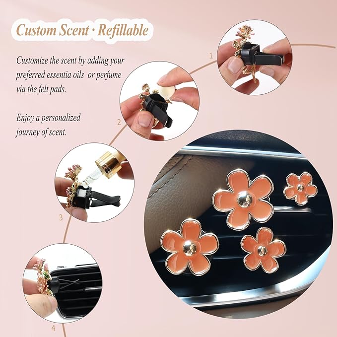 Orange Car Accessories,4pcs Coral Flowers Air Vent Clips,Refillable Car Air freshener,Girly 4 Size Sparkle Daisy Vent Clips