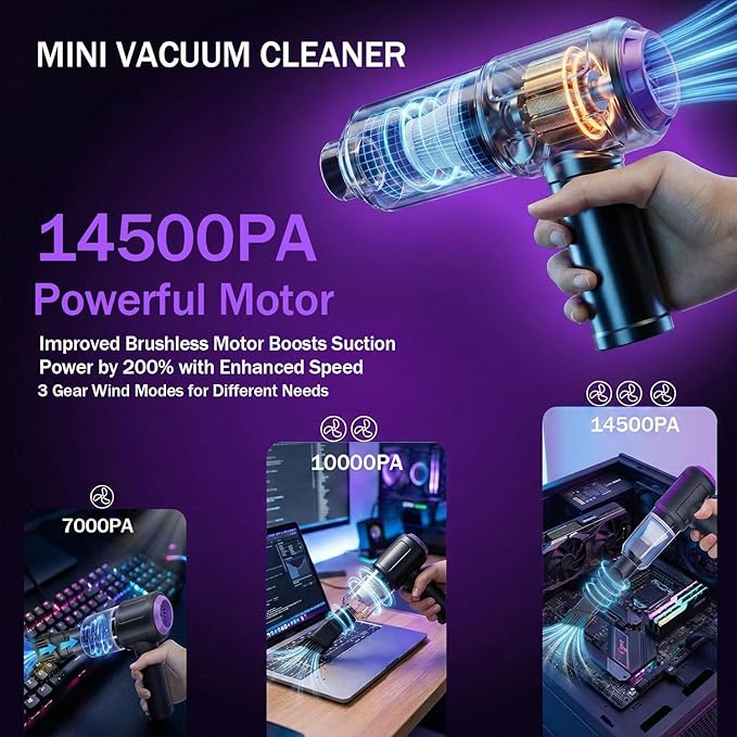 14.5KPA Computer Keyboard Vacuum Cleaner &110000RPM Electric Air Duster 3-in-1,Replaces Canned Air,for PC Tower & Car Laptop Sewing Machine Portable Keyboard Vac USB Desk Crumbs Dust Cleaners