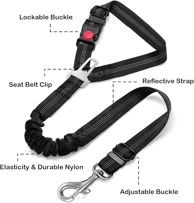 Removable Dog Seat Belt Harness for Car, 3 in 1 Pet Car Seatbelt Leash, Retractable Restraint Secures to Vehicle Headrest & Adjustable Reflective Dog Seatbelt Tether (Purple&Black, 2pcs)