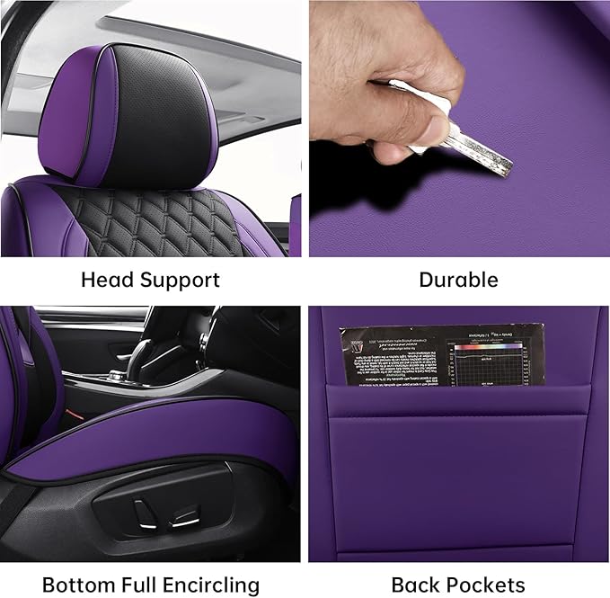 Car Seat Covers Full Set Purple Black, Luxury Faux Leather Waterproof Non-Slip Seat Protector Universal Fit for Most Cars SUVs Trucks Pick-ups,Car Interior Accessories for Front Seats and Back