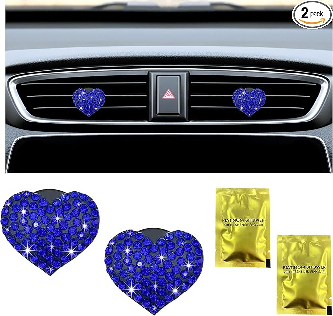 Ziciner 2PCS Bling Heart Car Air Vent Clips Charms, Heart Shaped Crystal Air Freshener Vent Clips, Rhinestone Air Conditioning Outlet Clip, Car Decor Accessories for Women Girls (Dark Blue)