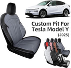 Custom Fit Seat Covers for 2025 2026 Tesla Model Y Juniper (5-Seater), Waterproof Breathable Nappa Leather, OEM Factory Style Full Set Car Seat Protectors Airbag Compatible - Black+Grey