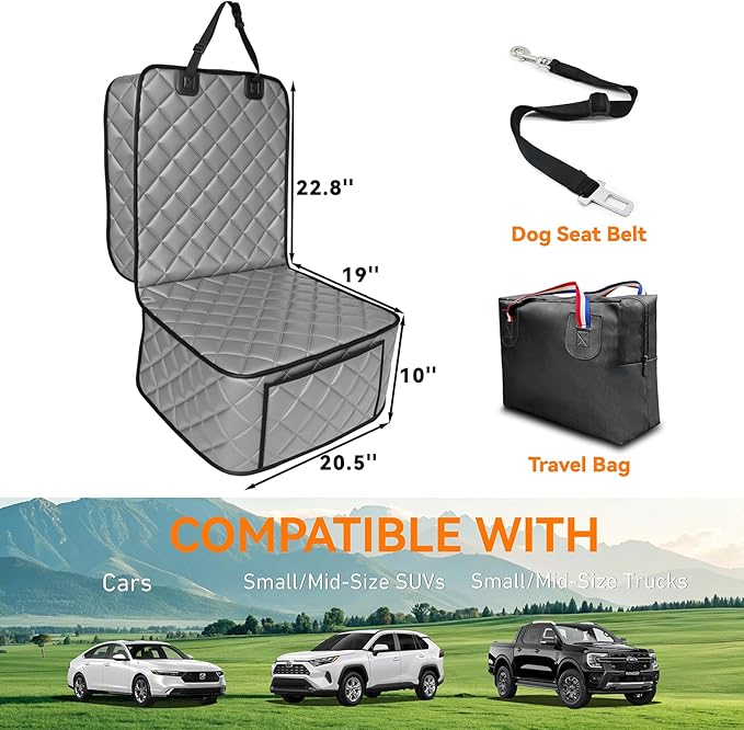 Waterproof Car Front Seat Cover for Dogs, PU Leather Car Seat Protector for Pets,Nonslip Scratchproof Front Passenger seat Covers Fits for Cars, Trucks, SUVs (Grey, Front Seat Cover)