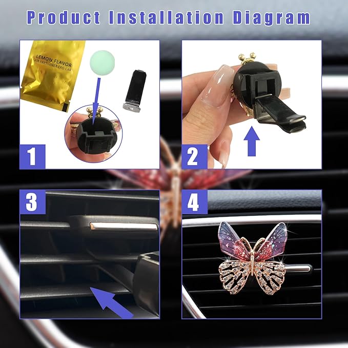 Augeny 2PCS Bling Butterfly Air Vent Clips, Cute Crystal Car Air Fresheners Vent Clips, Rhinestone Diamond Auto Diffuser Vent Clip for Women Girls, Car Interior Decor Accessories (Rose Red)