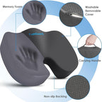 TushGuard Seat Cushion for Office Chair Memory Foam Non-Slip Desk Seat Cushion Back, Coccyx, Sciatica, Tailbone Pain Relief Butt Pillow for Office Chair, Car, Wheelchair, Grey