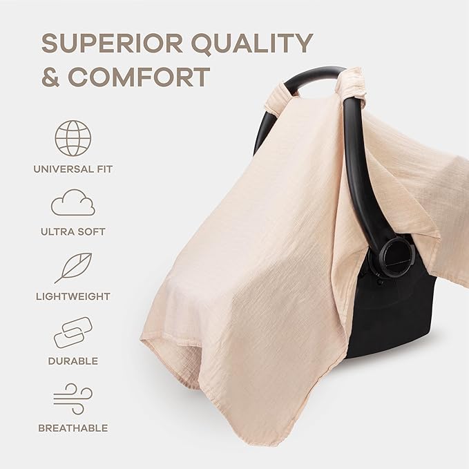 Comfy Cubs Baby Car Seat Cover - Soft, Breathable Bamboo Rayon and Muslin Cotton Blend - Lightweight Canopy for Sun, Bug, and Comfort Protection - Large Size Infant Seat Cover in Blush Design