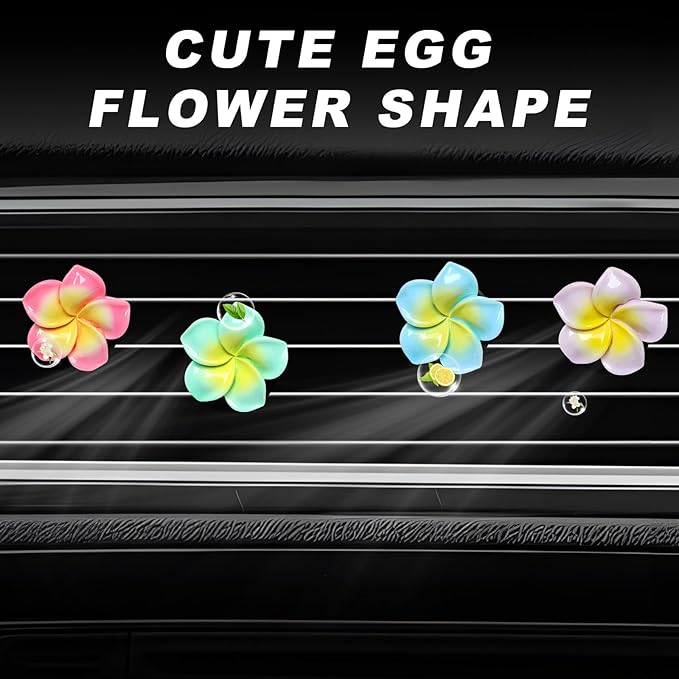 4PCS Flower Car Air Vent Clips, Cute Plumeria Automotive Air Fresheners Vents Clips Decoration, Girly Flower Auto Perfume Diffuser Decor Charm for Women (Blue+Green+Rose Red+Purple)