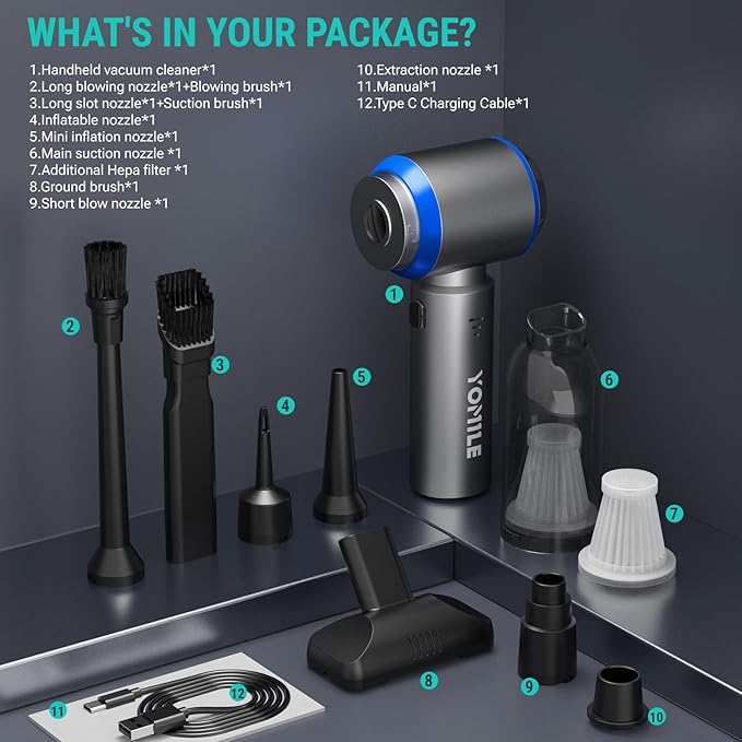 Mini Vacuum Cleaner, 2 in 1 27000PA Brushless Car Vacuum Air Duster 9000mAh Battery Air Blower Wireless Handheld Vacuum for Car,Office and Home