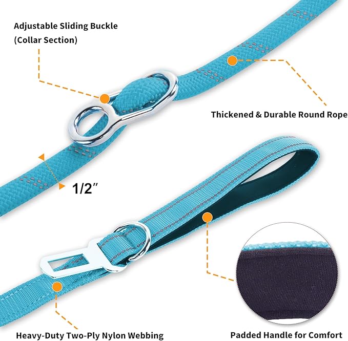 6FT Heavy Duty Dog Leash for Small Medium Large Dogs, Tangle Free Reflective Dog Training Leash with Double Handle, Seat Belt Buckle & Poop Bag Holder (Blue)