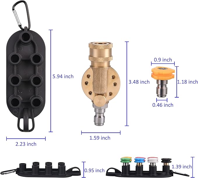 PWACCS Pressure Washer Pivoting Coupler Kit, 240 Degree Rotation, Pressure Washer Accessories Kit Including Gutter Cleaner Attachment and 7 Spray Nozzle Tips with Holder, 1/4" Quick Connect, 4500 PSI