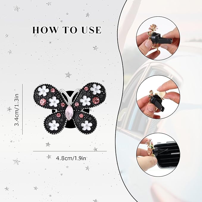 Butterfly Car Decor,Cute Flower Daisy Butterfly Car Air Vent Freshener Clips,Pink Rhinestone White Black Enamel Auto Interior Dashboard Decorations Accessories for Women
