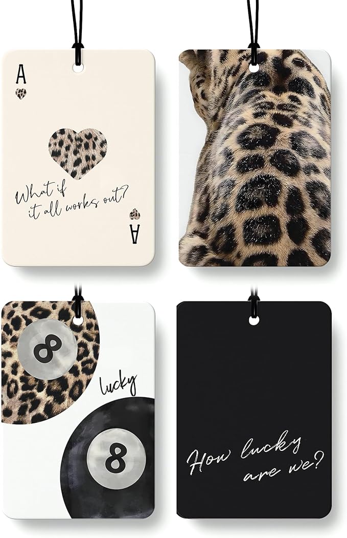 Black Leopard Print Car Air Freshener 4 Pcs, Trendy Cheetah Lucky 8 Ball Ace Card Hanging Air Freshener for Cars Closet Drawer Books, Leopard Car Accessories Mirror Decor for Women