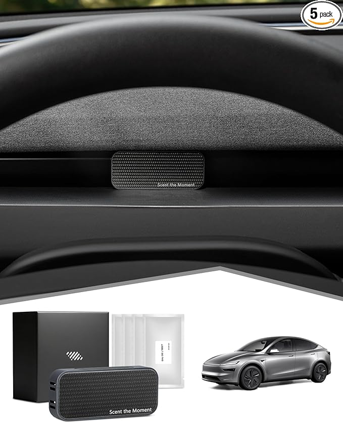 Car Air Freshener Adapter for Tesla Model 3 Highland/Model Y Juniper, Alloy Air Fragrance Diffuser in Vent with 4 Scents Long-Lasting Fragrance Refills(Black Chrome Plated)