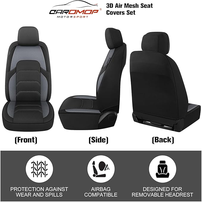 CAROMOP 3D Air Mesh Car Seat Covers 2 Front Seats,Breathable and Durable Seat Covers for Cars,Universal Fit for SUV,Vans,sedans, Trucks, Automotive Interior Covers(Black/Grey)