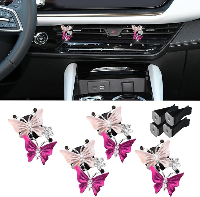 4PCS Car Air Fresheners Vent Clips, Butterfly Car Accessories, Sparkly Bling Dual Butterfly Auto Air Vent Clips, Automotive Cute Air Conditioning Outlet Decoration Universal for Women Girl