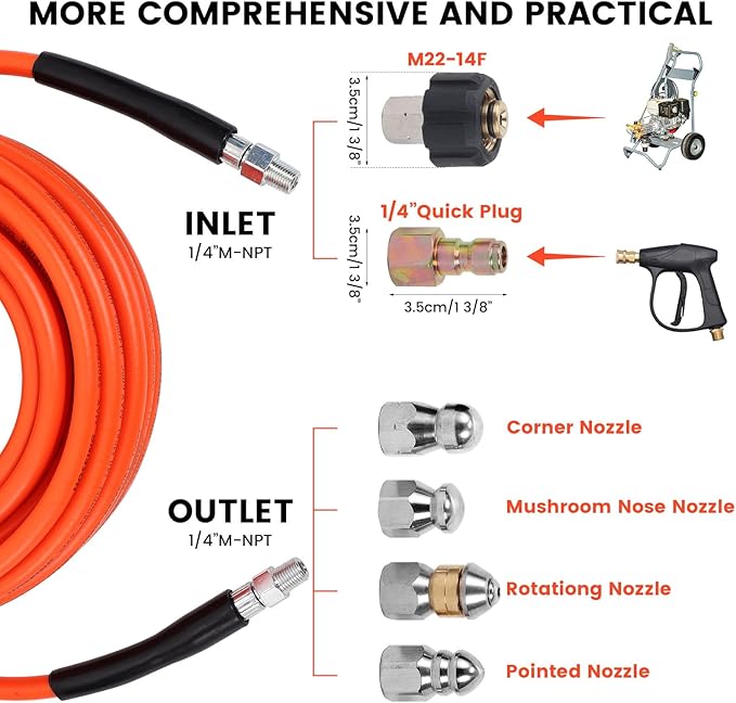 100FT Pressure Washer Sewer Jetter Kit, 5800 PSI Water Jet Drain Cleaner Hose with Corner Rotating Button Nose Nozzle, Sewer Jetting Nozzles Kit with Spanner Handle Strap
