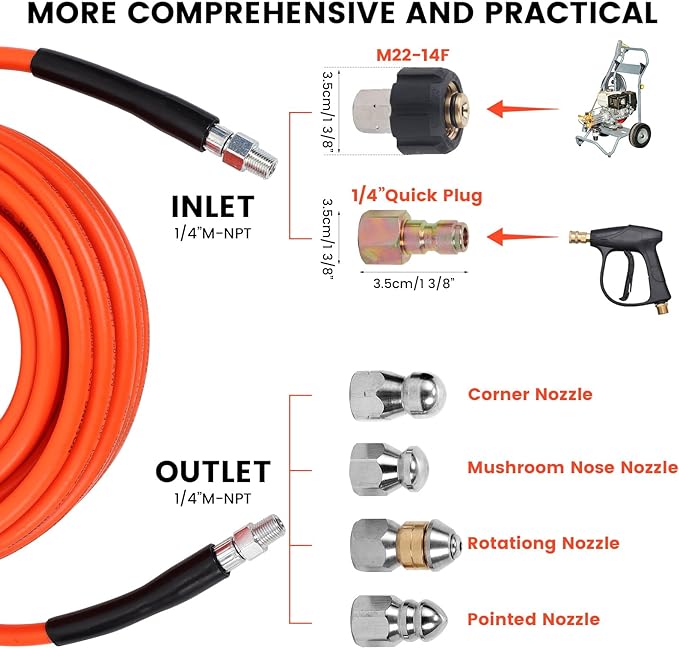 70FT Pressure Washer Sewer Jetter Kit, 5800 PSI Water Jet Drain Cleaner Hose with Corner Rotating Button Nose Nozzle, 1/4 Inch NPT, Sewer Jetter Nozzles Kit with Spanner Handle Strap
