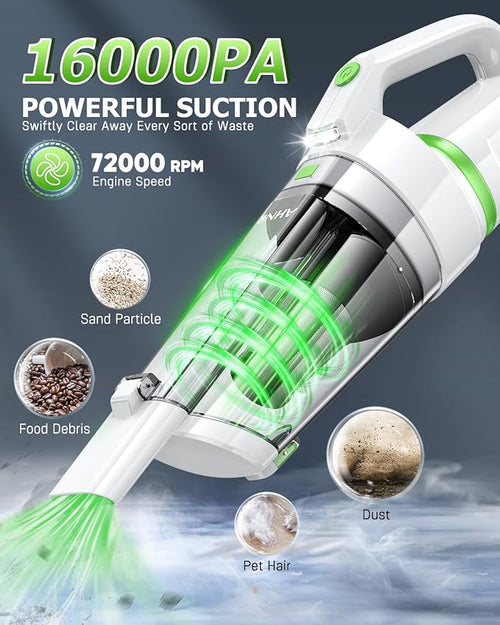 AHNR Handheld Vacuum Cordless, 16000PA Powerful Suction Hand Held Vacuum Dust Busters Cordless Rechargeable with LED Light & 2 HEPA Filters, Portable Car Vacuum Cleaner High Power for Car Home Office
