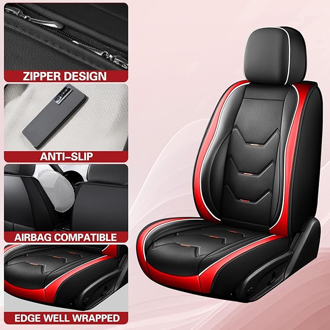 otoez Car Seat Covers Full Set, 5 Seats Leather Seat Cover for Car, Black Automotive Front and Back Seat Cushion Protector Waterproof and Non-Slip for Most Sedens Trucks SUVs, Black & Red