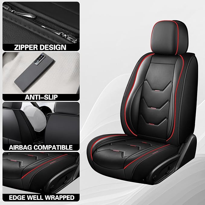 otoez Car Seat Covers Full Set, 5 Seats Leather Seat Cover for Car, Black Automotive Front and Back Seat Cushion Protector Waterproof and Non-Slip for Most Sedens Trucks SUVs, Black