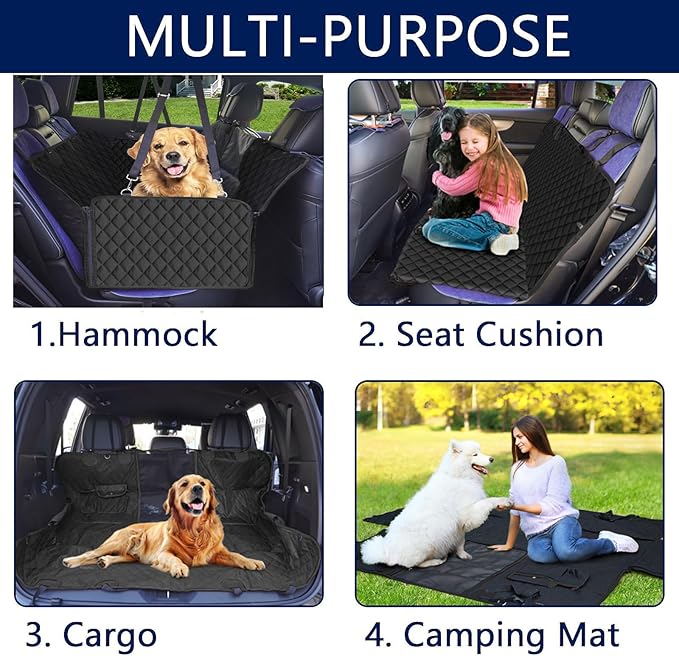 Dog Car Seat Cover, Universal Fit, Waterproof, Breathable, Machine Washable, Pet Hammock with Storage Pocket, Black (Black, Large(59" W))